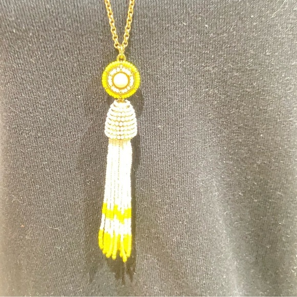 Talbots goldtone chain long necklace white/yellow seed bead circle & tassel - Picture 2 of 11